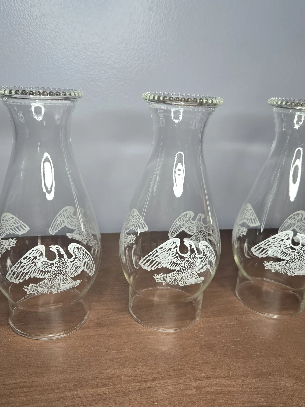 Clear Glass Hurricane Vase with White Etched Eagle Motif Set Of 3